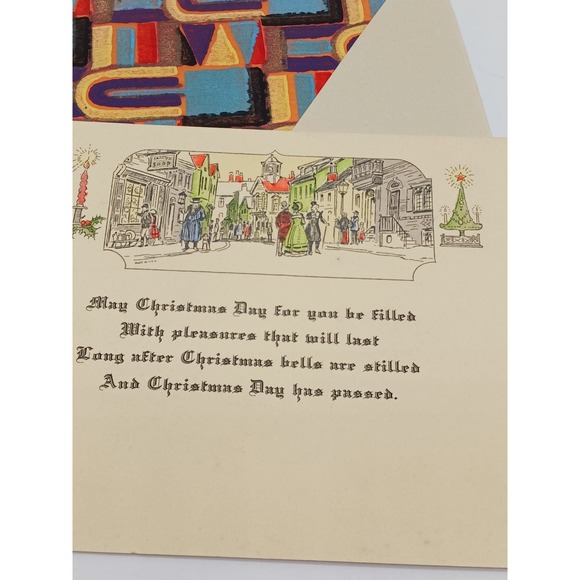 Antique Unused Christmas Greeting Card Victorian Town Street Scene Hand Colored - Picture 2 of 5